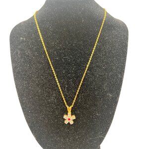 Gold Flower Pendant Necklace Clear CZ Petals Faux Ruby 17" Chain Marked JC & CCI